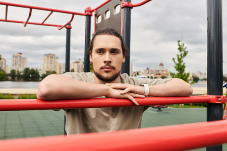 A young sporty man with a beard takes a moment to gather his thoughts during outdoor exercises.