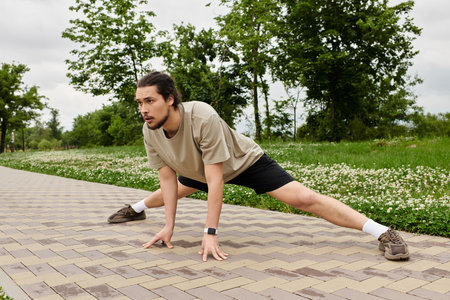 A bearded young man stretches on a paved path, surrounded by greenery, enjoying exercise.