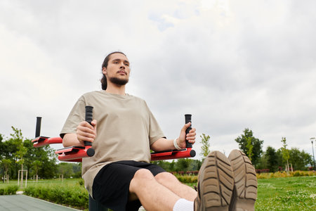 A fit young man with a beard engages in a workout outdoors, focusing on exercise and strength.
