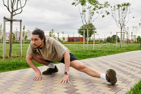 A fit young man with a beard stretches while working out in a park surrounded by greenery.の写真素材