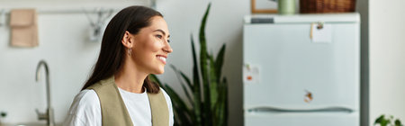 Smiling young woman relaxing at home, surrounded by plant dÃ©cor and a welcoming atmosphere.の写真素材