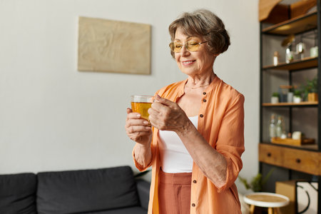 Elderly woman in comfortable attire sips tea and smiles in her inviting living space.の写真素材