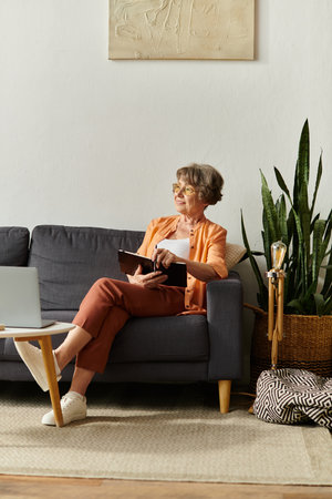 Mature woman relaxes comfortably on a sofa, reading and enjoying peaceful moments indoors.の写真素材