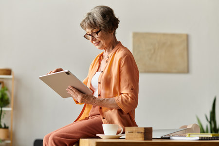 Mature woman in cozy attire uses a tablet while relaxing comfortably at home.の写真素材