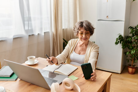 A senior woman relaxes at her desk, engaged with her smartphone and enjoying coffee.