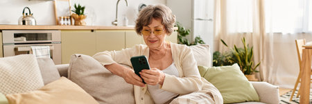 A senior woman relaxes at home in comfort, engaging with her smartphone in a cozy setting.の写真素材
