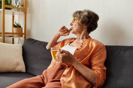 A senior woman relaxes on her couch, sipping tea in her cozy home.の写真素材