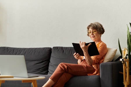 A mature woman relaxes on her sofa, absorbed in her reading while dressed comfortably at home.の写真素材