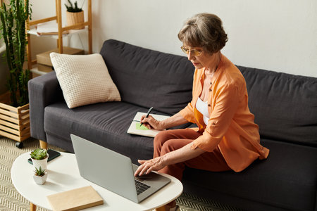 Mature woman in comfortable clothing writes notes while using a laptop in her living room.の写真素材