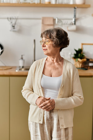 A mature woman in cozy clothing stands thoughtfully in her stylish kitchen, enjoying home life.の写真素材