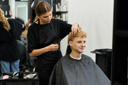 Hair stylist expertly creates a fresh look for a client in a lively beauty salon environment.