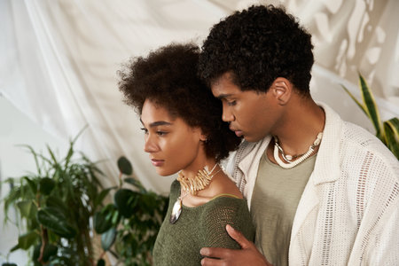 A couple embraces lovingly in a stylish, lush indoor space filled with plants.の写真素材