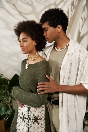 Loving couple stands close together, sharing intimate moments amidst plants in a chic indoor space.の写真素材