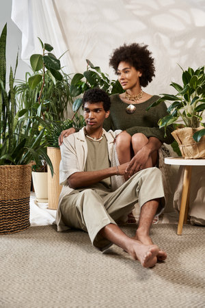 Stylish young couple shares a loving embrace amidst lush plants in a cozy indoor space.の写真素材