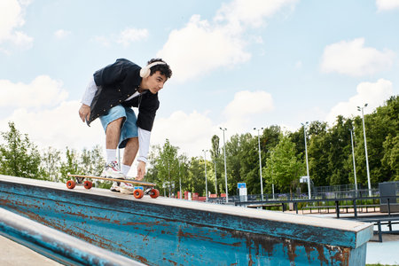 A young man skillfully rides his skateboard down a rail in a sunny park setting.の写真素材