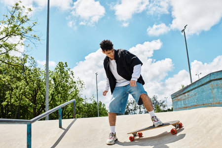 A young guy practices his skateboard tricks at the park under a bright blue sky