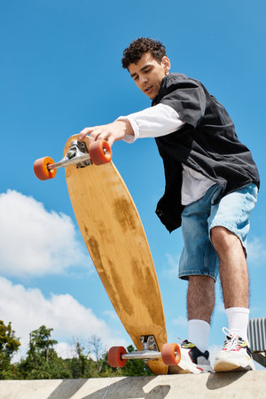A young man skates at the park under a clear blue sky, showing off his skills on a wooden board.の写真素材