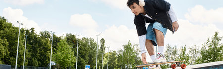 A young man skates quickly in a vibrant park, lost in his groove with headphones on.