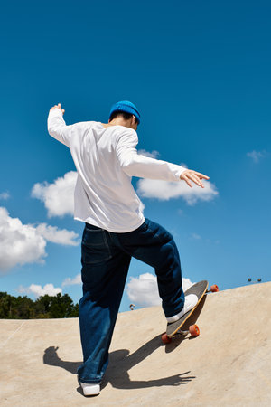 Energetic young man performs a skateboard trick while enjoying a sunny day at the park.