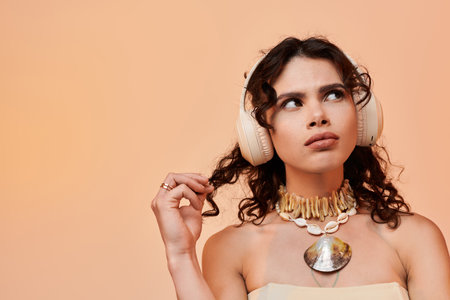 Beautiful young woman adorned in unique summer attire engages with her music in a warm setting