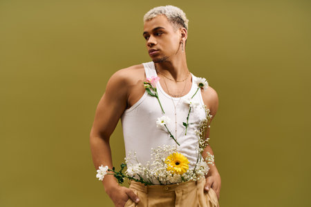 A stylish young man poses in a tank top adorned with flowers, radiating confidence and flair.の写真素材