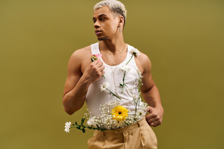 A stylish African American man flaunts vibrant flowers while posing confidently in a tank top.の写真素材