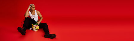 A stylish young man poses confidently in a red studio, showing off his trendy outfit and hair, bannerの写真素材