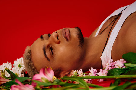 Young man with dyed hair poses among colorful flowers against a bold background.