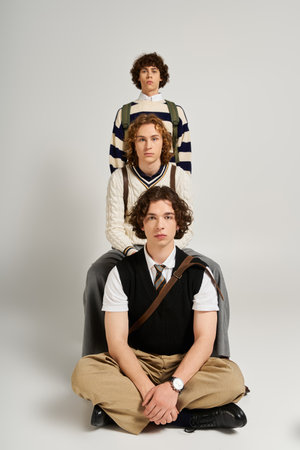 Three young men express their individual styles while posing together in a studio setting.