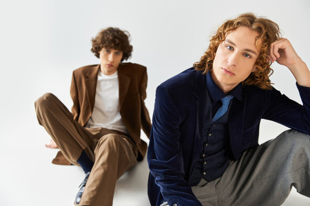 Two young men display their trendy outfits while posing creatively in a bright space.