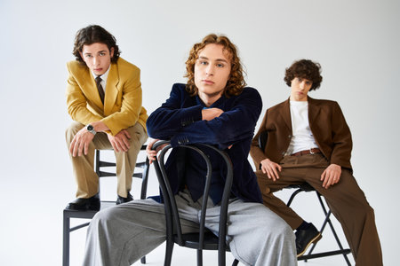 Three stylish young men pose on stools, showcasing their unique looks and friendship.