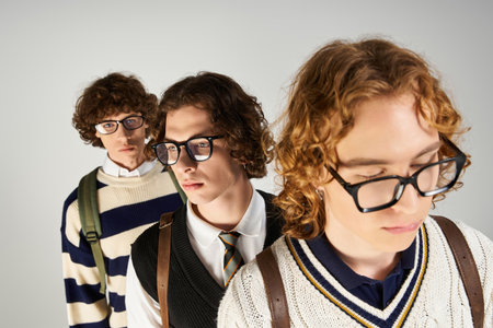 Three fashionable young men pose closely, highlighting their trendy outfits and stylish glasses.