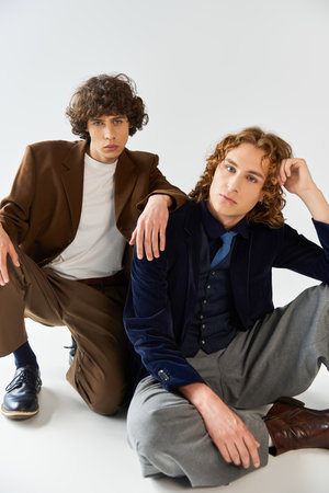 Two fashionable friends pose confidently in sleek attire with playful expressions, exuding charm.