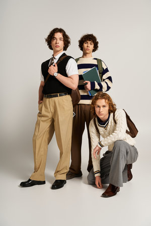 Three young men showcase their unique styles in trendy clothes, posing creatively together.