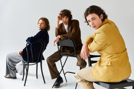 Three fashionable young men pose confidently against a minimalist backdrop, exuding charm.