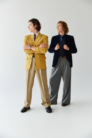 Two young men confidently pose together, highlighting their unique fashion choices and friendship.