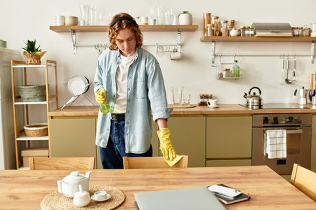 A young man in a stylish outfit is diligently cleaning his kitchen, bringing order to the space.の写真素材