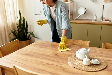 Handsome young man in yellow gloves carefully wipes down the wooden table while tidying up his homeの写真素材