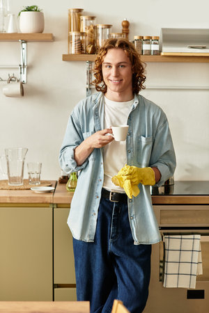 A young and handsome man stands in his stylish kitchen, sipping coffee and feeling at home.