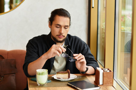 A young man with a beard sits at a cafe table with matcha and cake.