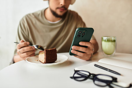 Young man focuses on his phone while savoring cake and matcha in a cozy cafe during summer.