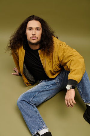 Young bearded man with long hair lounges in a vibrant setting, exuding style and confidence.