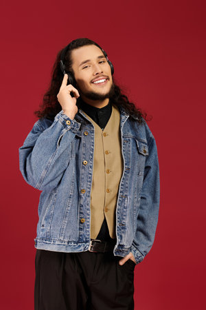 Bearded young man smiles and showcases a stylish outfit while listening to music.