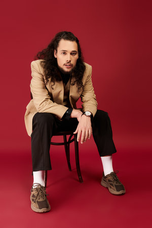 A handsome young man with a beard and curly hair poses on a chair, exuding style and charm.