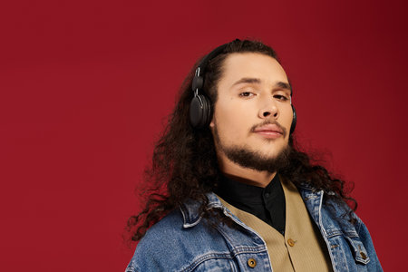 A young man with curly hair and a beard poses confidently in headphones against a red background.