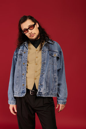 Handsome young man poses stylishly, blending vintage and modern fashion with striking colors.
