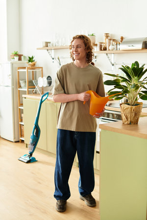 Smiling young man holding a watering can, tending to plants in a modern kitchen filled with warmthの写真素材
