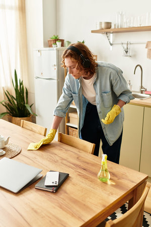 Handsome young man cleans the kitchen table wearing gloves and headphones in his warm home.の写真素材