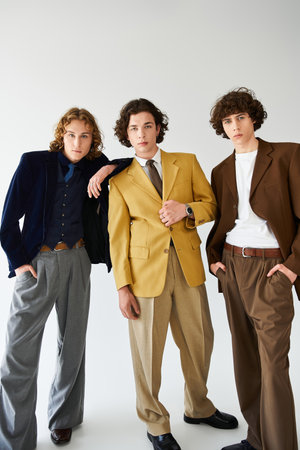 Three young men display their unique styles in a modern studio setting.
