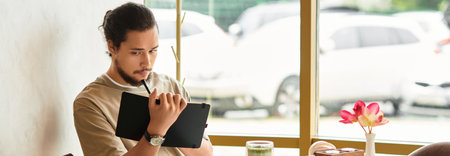 A bearded young taking notes in a cozy cafe, banner